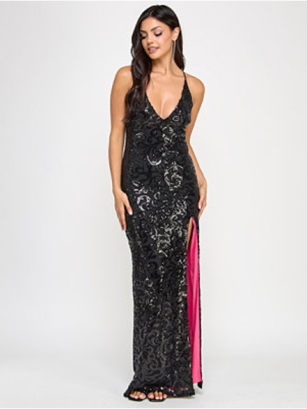 Pear Culture Sequin Gown Black Pink Slit Dress Formal NWT